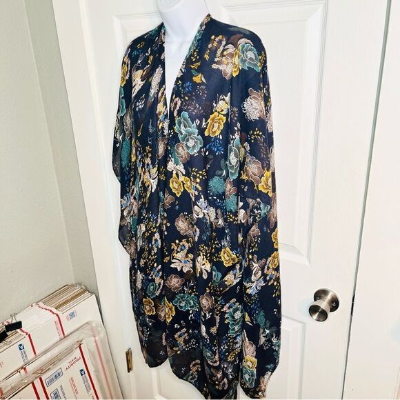Marcus Adler Floral Kimono Shawl Midi Cardigan Navy Blue Yellow Multicolor OS - Picture 3 of 9